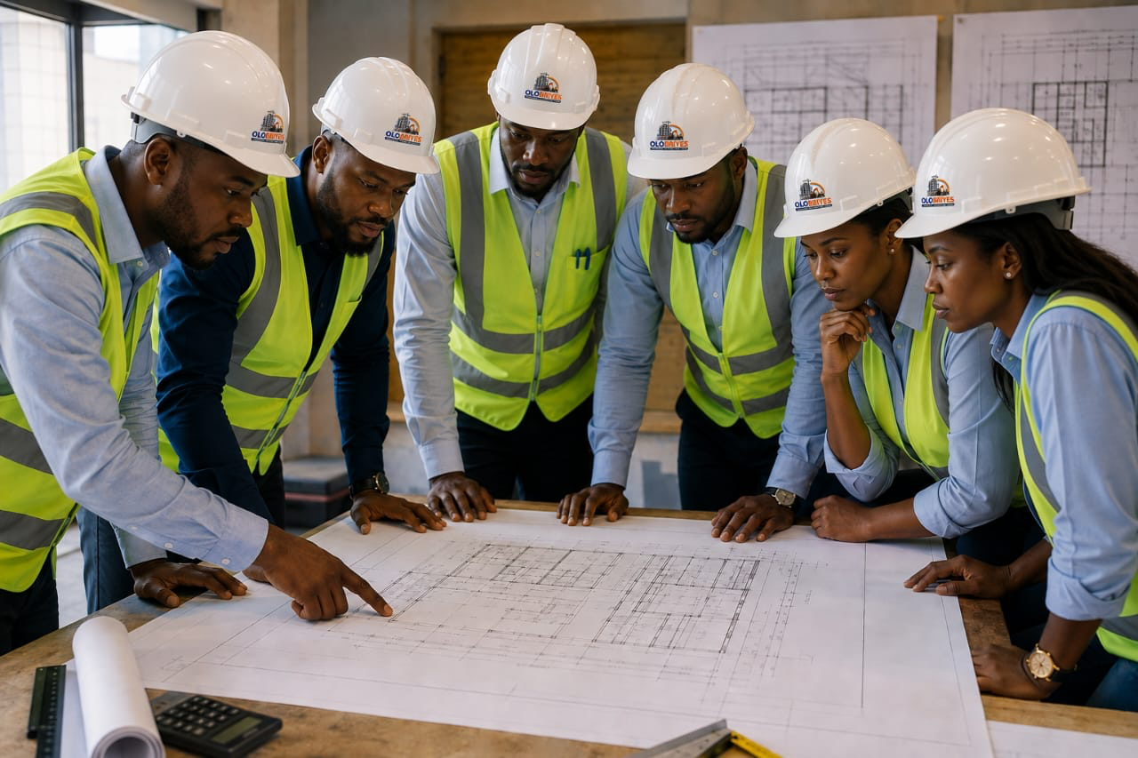 Olobriyes engineering team reviewing construction plans together