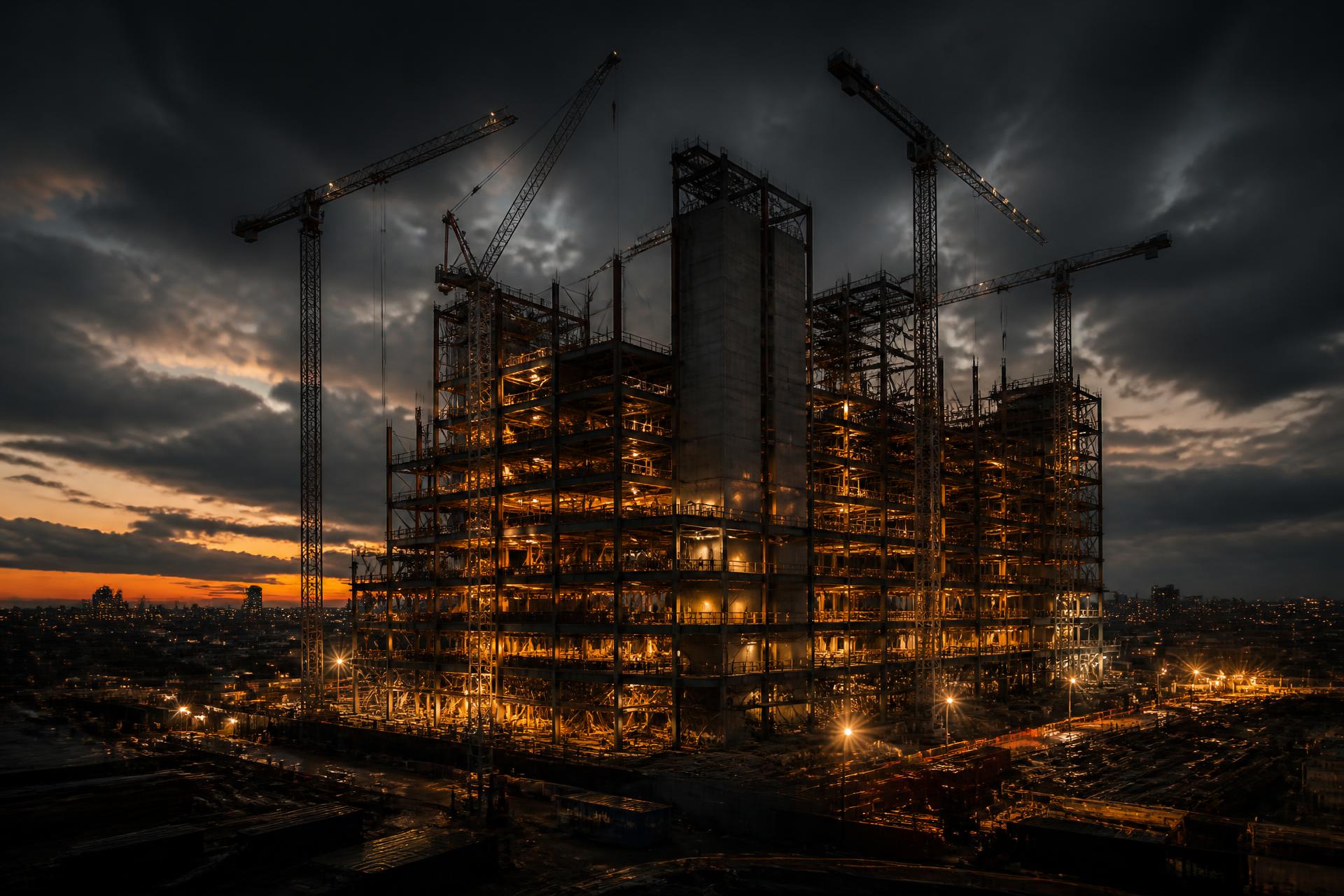 Large-scale high-rise construction site at dusk with tower cranes